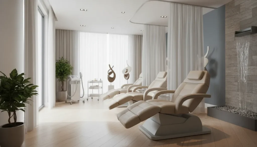 Elegant medical spa interior with treatment rooms