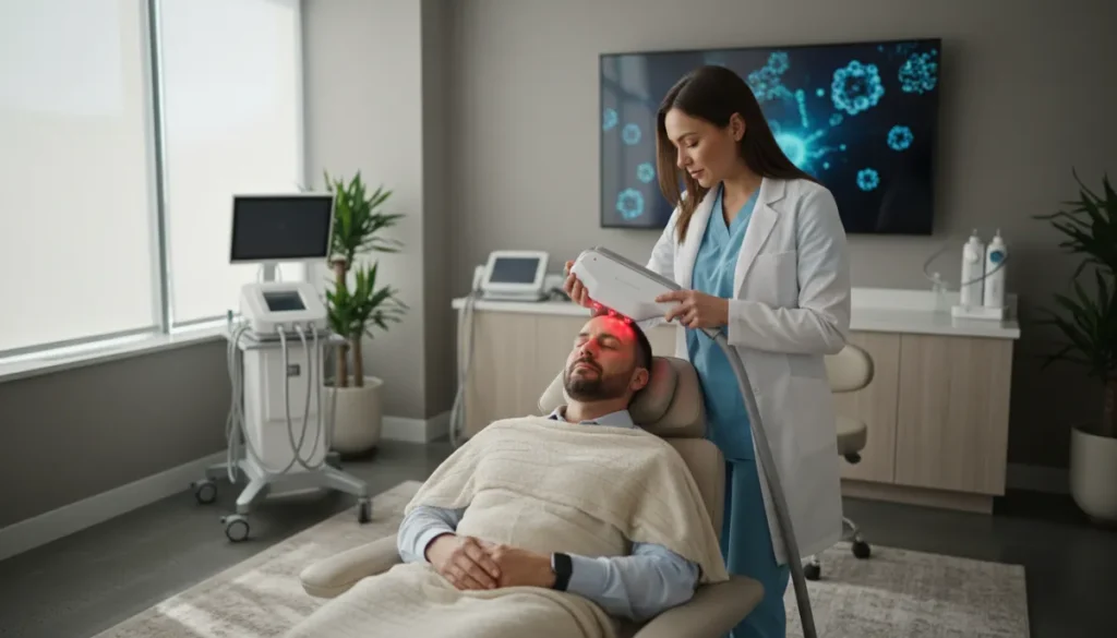 Laser hair treatment being performed in a clinical setting