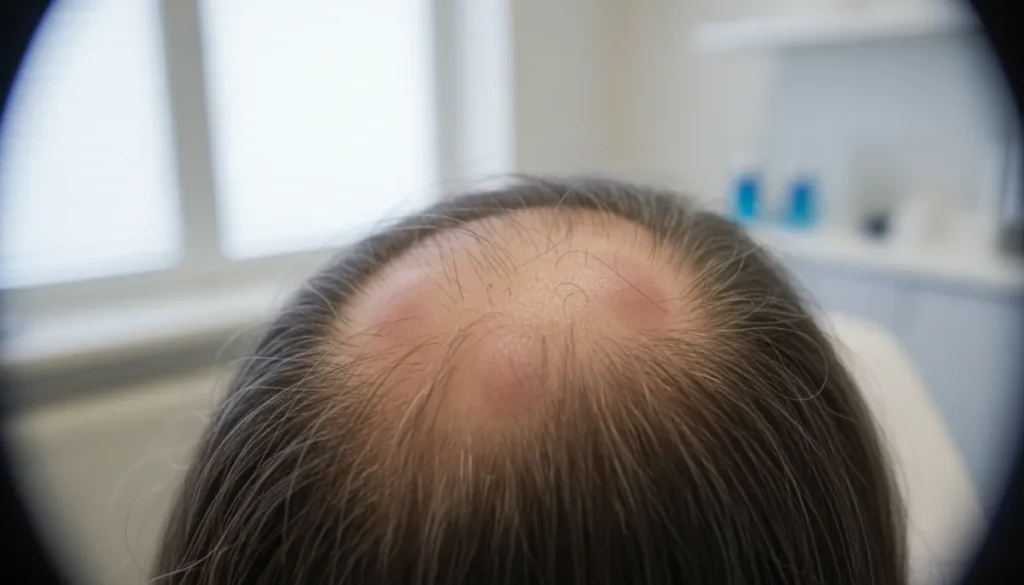 Typical presentation of bald patches on the scalp