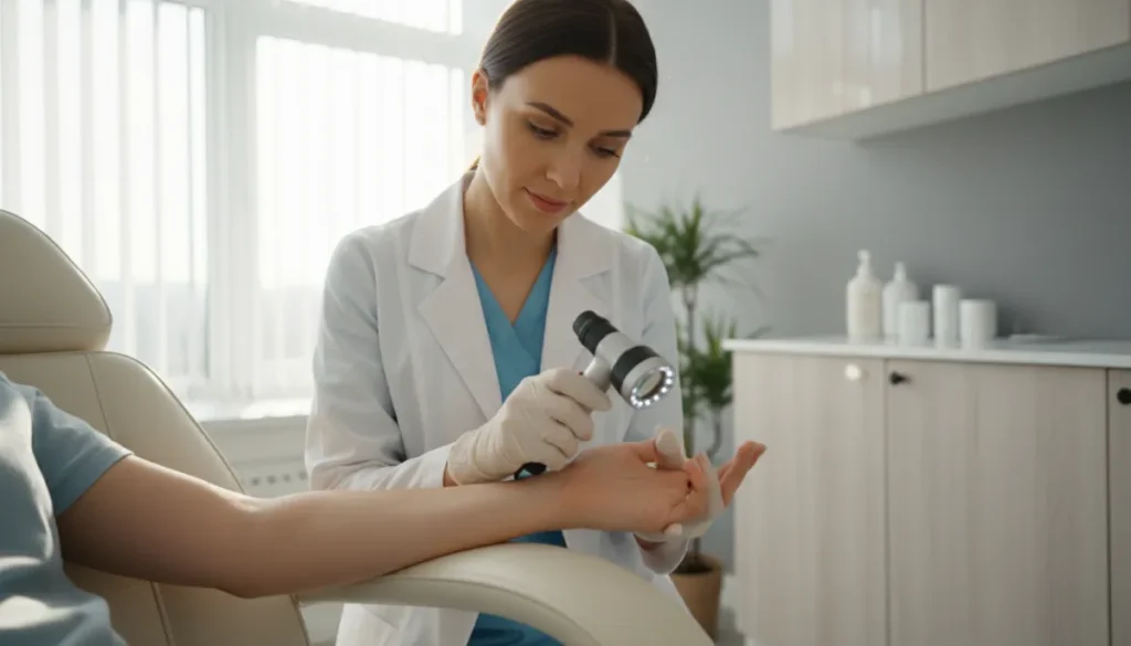 A skin doctor conducts a thorough skin assessment