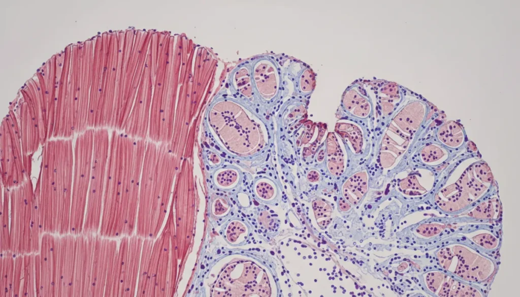 Healthy and diseased muscle tissue under the microscope