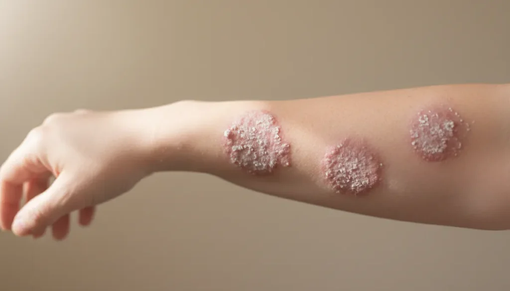 Mild psoriasis plaques often appear as small, scaly patches.