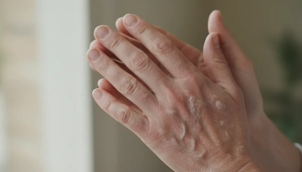 Hand eczema showing red, flaky skin