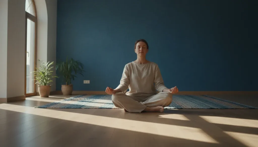 A calm individual using grounding techniques
