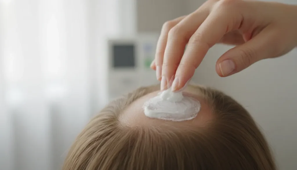 Applying alopecia areata cream to affected areas