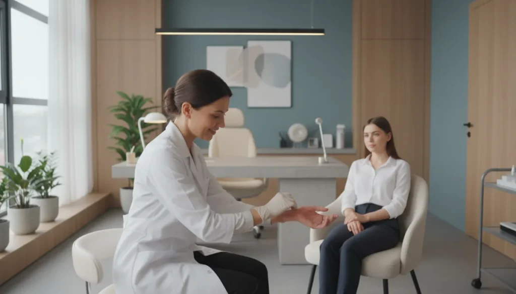 A specialist examining a patient’s rash
