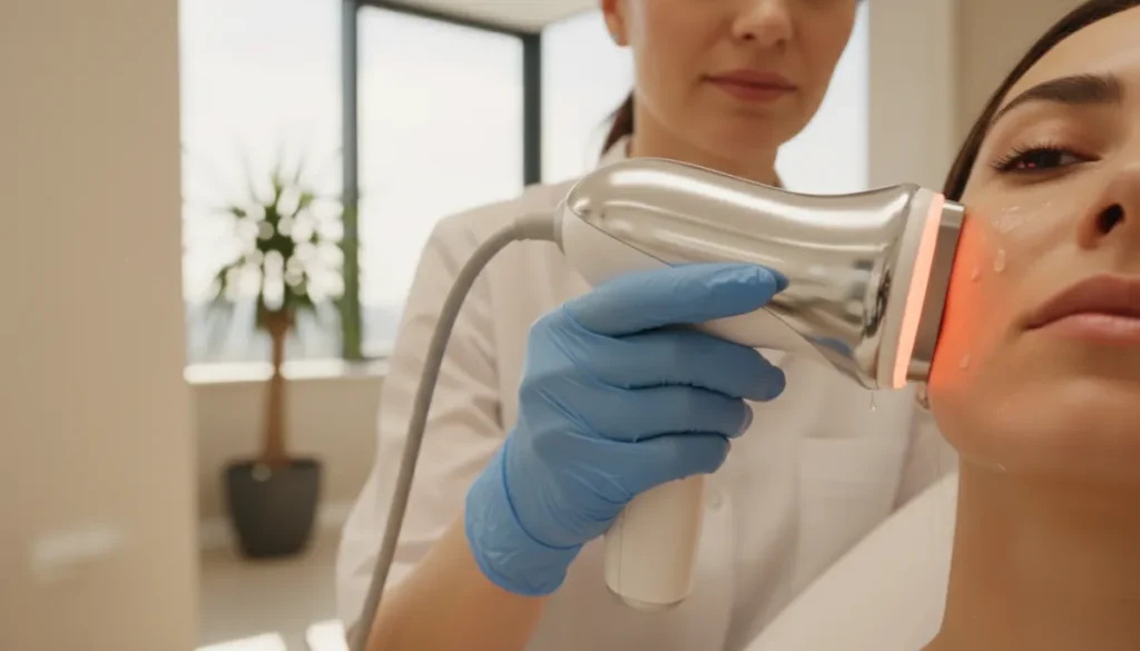 Radio frequency device in use during a skin tightening session