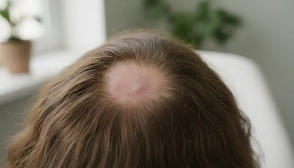 A detailed view of a typical bald spot on the scalp