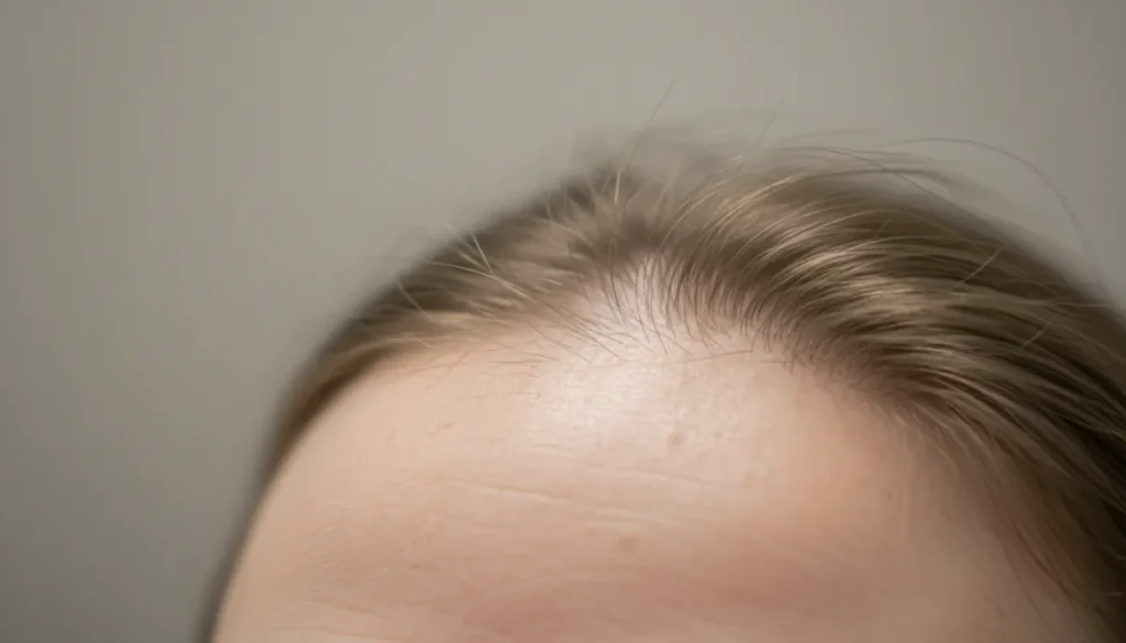A detailed view of a scalp where hair is thin enough to see the skin