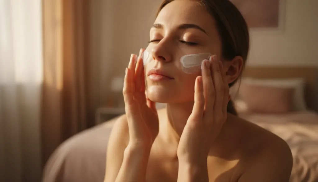 Applying anti wrinkle cream gently on the face