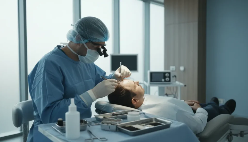 A skilled surgeon performing a male hair implant
